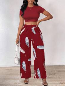 INAWLY 2pcs/Set Women Solid Color Round Neck Crop Top & Feather Print Pants Casual Outfit - Burgundy - View 4