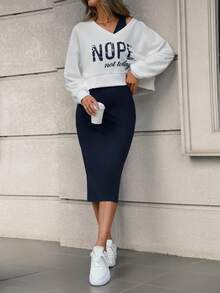 SHEIN LUNE 女士两件套V领字母印花长袖上衣和纯色无袖连衣裙套装，休闲百搭 - 藏蓝色 - 查看 2