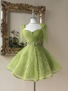 Lovelzi 优雅浅绿色网纱无肩带系带蝴蝶结刺绣贴花A字薄纱层叠毕业/生日/婚礼/正式派对礼服、舞会礼服、下午茶礼服、毕业典礼礼服、女士毕业礼服、返校礼服、情人节礼服 - 薄荷綠 - 查看 8