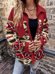 SHEIN LUNE Fashionable Casual Geometric Pattern Multi-Pocket Fleece Jacket Fall Winter Cloth For Women - Multicolor - View 5