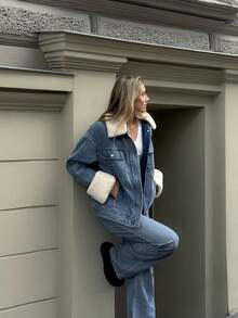 MOTF PREMIUM CONTRAST FAUX FUR BUTTON UP DENIM WINTER COAT - Blue - View 5