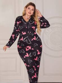 SweetSlumber 大码可爱爱心印花睡衣连体裤，秋冬季舒适保暖套装 - 彩色 - 查看 3