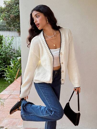 Serisse 女士优雅简约撞色镶边 V 领宽松纽扣开衫