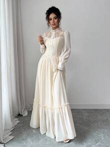 Elenzga Elegante abito romantico con collo alto in pizzo a contrasto, balze sul fondo e vita aderente, decorato con perle casuali - Albicocca - Visualizzare 5