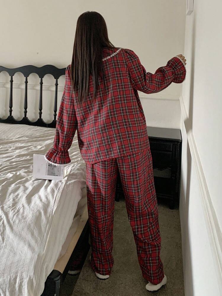 Dazy Plus Plus Size Women Plaid Collar Flare Sleeve Top And Pants Christmas & New Year Sleepwear Set, Spring/Autumn, Fall Winter Clothes Checkered Pajamas Burgundy Pajama Set