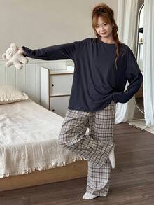 DAZY 少女宽松舒适格子直筒裤休闲家居服，秋季 - 黑色 - 查看 4