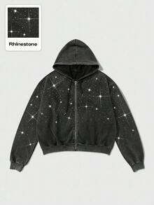 ROMWE MEN Street Life Unisex Rhinestone Zipper Hoodie Sweatshirt, Street Style American Design , Fall - Black - View 1