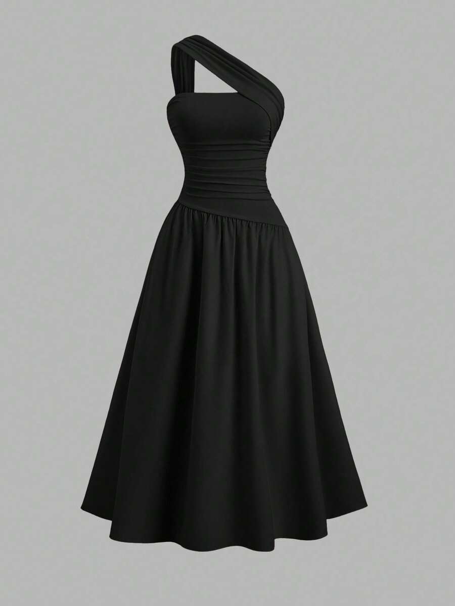 Sweetra Rochie tip bandeau asimetrică pentru femei, culoare uni, cu umeri