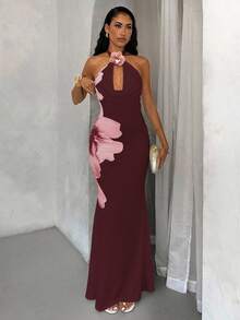 Glamine 优雅性感白色蝴蝶印花 3D 花卉垂坠领露背长款鱼尾修身连衣裙，适合秋季女装返校季 - 酒紅色 - 查看 5