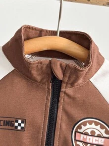 Playful Pals 男童棕色领子字母印花长袖夹克，适合秋冬季的休闲日常外套，百搭