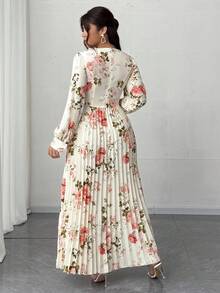 SHEIN Clasi 大码女式春夏度假、优雅浪漫派对、婚礼宾客碎花长袖V领褶皱飘逸长裙 - 彩色 - 查看 2