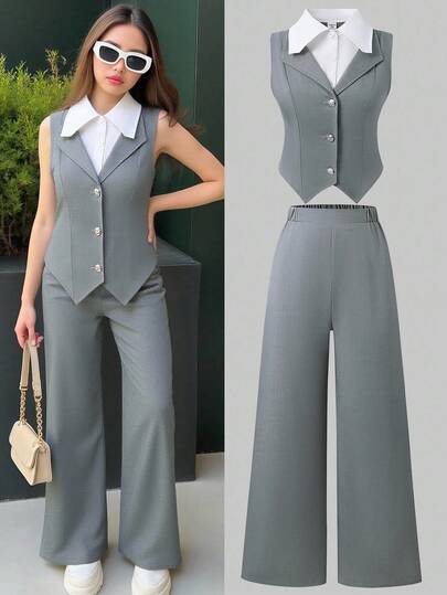 Sparklyn 少女优雅通勤都市学院风撞色领开衫+西装裤套装