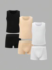 SHEIN 6件套 Dozemod 儿童男童简约圆领背心和松紧腰内裤舒适休闲内衣套装 - 彩色 - 查看 1