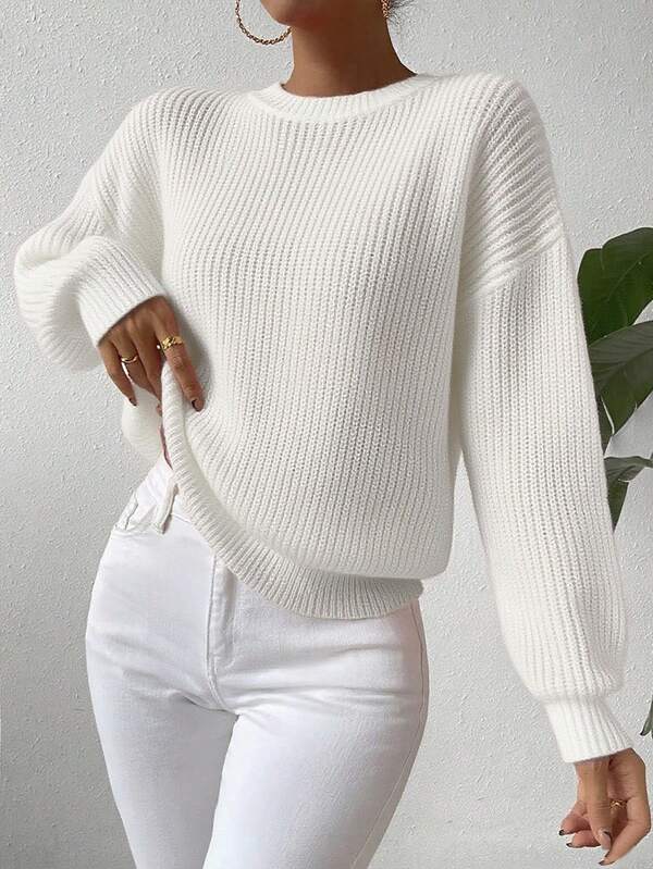 EMERY ROSE Women's Solid Color Textured Knit Loose Pullover Sweater, Versatile All-Match Women Sweater Ribbed Sweater White Sweater Balloon Sleeve Sweater White Knit Top