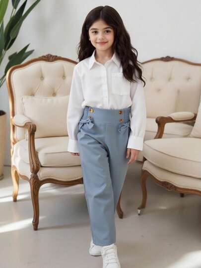 SHEIN 少女收腰蝴蝶结裤，甜美休闲风格，高腰蝴蝶结设计，宽松版型，舒适面料