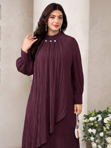 Veilorie Đầm suông dài tay xếp ly màu trơn cổ đứng cỡ lớn cho nữ - Màu đỏ tím - Xem 7