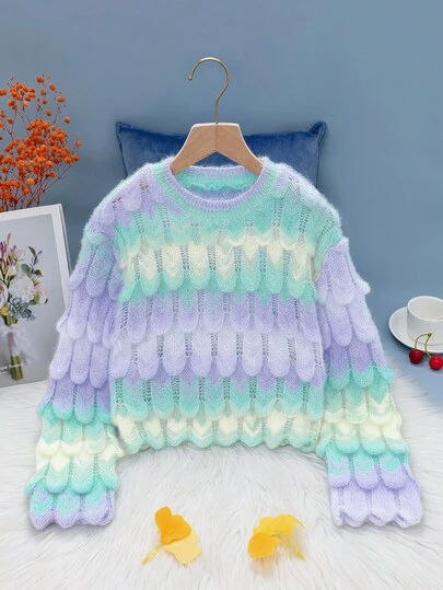 Sparklyn 青少年女孩渐变色时尚休闲可爱柔软简约百搭优雅 3D 美人鱼鳞片针织长袖毛衣，适合家居服、日常外出、户外服、派对、秋冬