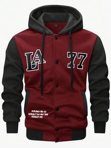 Manfinity Campus Court Aesthetic Post--Men's Autumn Letter Print Contrast Color Single-Breasted Drawstring Hooded Long Sleeve Jacket - Burgundy - View 4