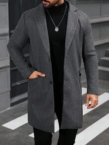 Manfinity Mode Men's Long Sleeve Solid Color Lapel Neck Single-Breasted Casual Overcoat, Autumn/Winter Men Dress Coat - Dark Grey - View 7