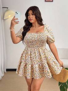 Sunnyshic Plus Size Women's Square Neck Puff Sleeve Floral A-Line Mini Dress, Vacation