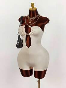 Amplova 大码女式纯色圆环装饰紧身镂空性感连体裤 - 彩色 - 查看 4