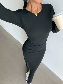 SHEIN 少女黑色针织开衩连衣裙，时尚百搭，适合日常穿着 - 黑色 - 查看 5