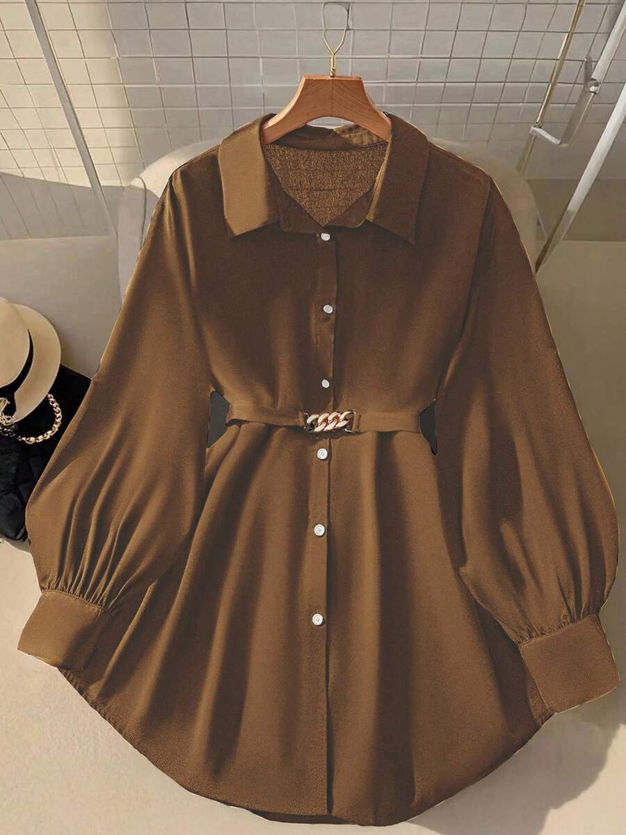 GlowEve CURVE 女士金属装饰长灯笼袖衬衫，优雅时尚 - 咖啡棕 - 查看 1