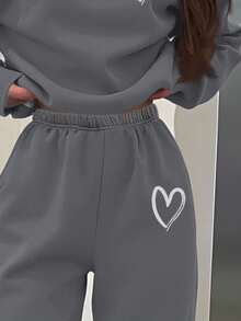 SHEIN Leap Crew Simple Heart Pattern Teen Girls Casual Loose Fit Crew Neck Long Sleeve Sweatshirt And Pants Thick 2-Piece Set, Suitable For Autumn/Winter Fall - Dark Grey - View 4