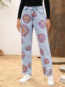 EMERY ROSE Printed Loose Straight Leg Jeans - Light Wash - View 4
