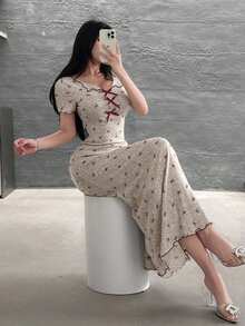 Feyla Váy dài họa tiết bướm thanh lịch dành cho nữ, mùa hè - Màu be - Xem 3