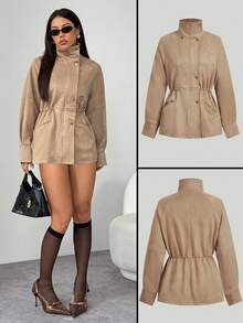 SHEIN PETITE Women's Solid Color Waist Cinched Faux Suede Jacket, Suitable For Commuting In Fall/Winter - Khaki - View 3