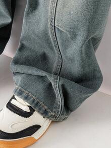 Tween Boys Jeans, Casual Streetwear Fashion, Comfortable Urban Hipster Design, Pleated, Vintage Medium Wash, Elastic Waist, Relaxed Fit Denim Pants Chic Outfits For Autumn/Winter