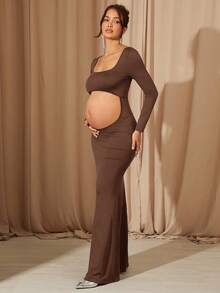 MaterniChic Maternity Solid Color Square Neck Long Sleeve Hollow Out Design Photography Dress - Brown - View 4