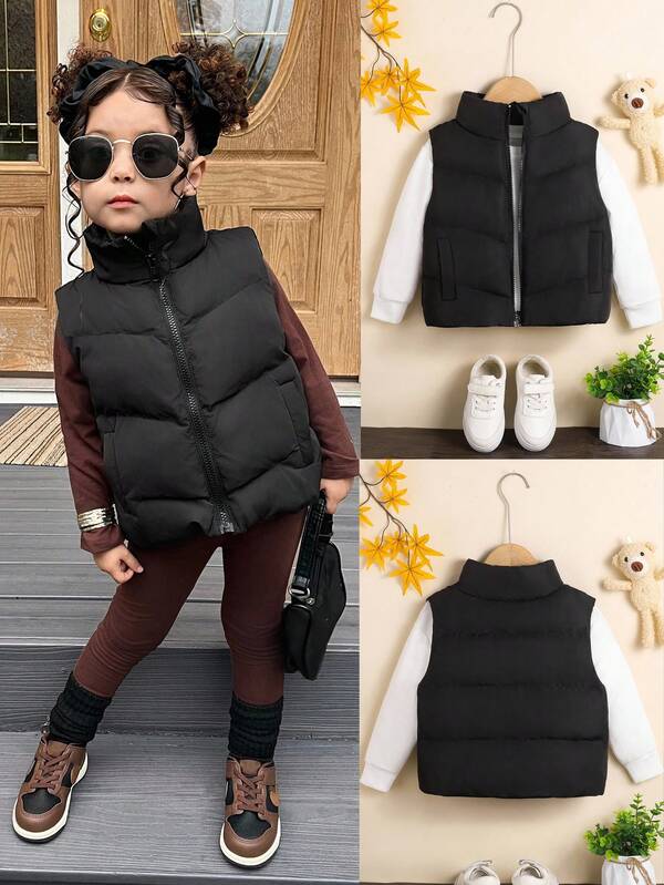SHEIN Young Girl Sleeveless Padded Vest, Solid Color Stand Collar,In Fall/Winter