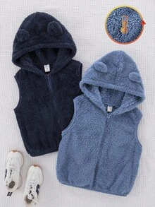 SHEIN 2pcs Kids Boys Casual Versatile Comfortable Fluffy Sleeveless Hooded Jacket Vest 2 Pieces Set,Suitable For School,Garden,Birthday,Spring,Fall,Winter - Multicolor - View 3