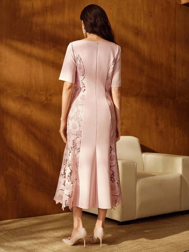 Women's New Short Sleeve Lace Patchwork Street Style Fishtail Dress, Elegant Office Lady Dress
