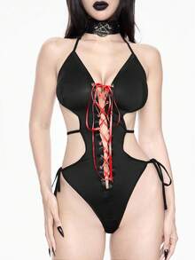 ROMWE Grunge Punk 深色朋克紧身胸衣系带性感连体衣 - 黑色 - 查看 2