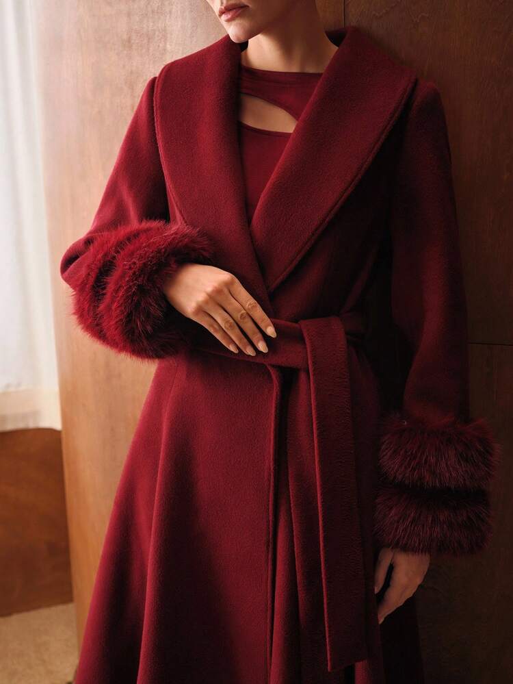 CONTRAST FAUX FUR BELTED OVERCOAT