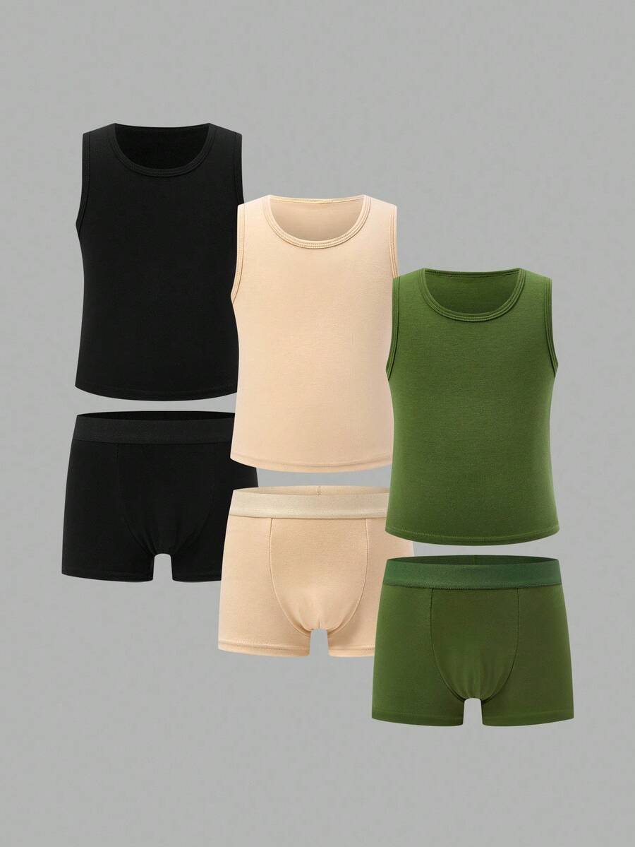 SHEIN 6件套男童简约圆领背心和松紧腰内裤舒适内衣套装 - 彩色 - 查看 1