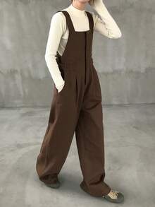 FRIFUL 女士纯色宽松休闲连体裤，带吊带，适合机场旅行，时尚秋季工装裤