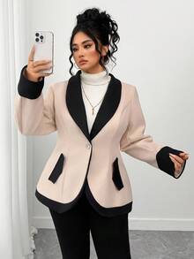 Elenzga Abrigo de cintura de contraste de estilo retro y elegante para mujeres de talla grande, prenda de vestir de otoño para mujeres - Albaricoque - Ver 3