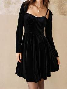 INAWLY 女式优雅黑色长袖短上衣和吊带吊带裙 2 件套 - 黑色 - 查看 4