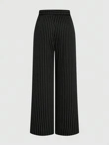 Lyrianda 2 件大码女式条纹翻领单排扣背心和宽松长裤休闲西装，高腰 - 黑與白 - 查看 4