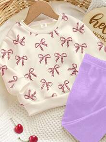 SHEIN 女婴休闲针织柔软厚圆领长袖运动衫和紧身裤套装，适合秋冬季 - 彩色 - 查看 4