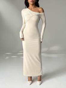 SHEIN PETITE 女士纯色不对称领口长袖连衣裙，优雅 - 杏色 - 查看 8