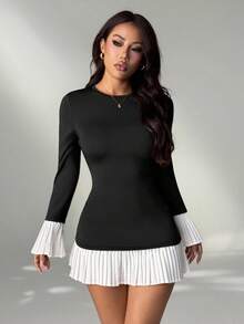 SHEIN PETITE Rochie de vară scurtă și elegantă pentru femei, cu guler rotund și mânecă lungă, culoare solidă, cu imprimeu floral, stil casual - Negru - Vizualizare 4