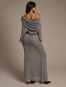 Aloruh Women's Off-Shoulder Ruched Long Sleeve Bodycon Prape Grey Maxi Dress, Fall/Winter - Dark Grey - View 3
