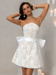 Vowa 优雅奢华的超大蝴蝶结露肩珍珠链连衣裙，适合婚礼、派对、单身派对、度假、舞会、新娘送礼会礼服 - 米色 - 查看 2