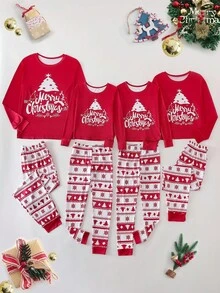 SHEIN 1 Set Merry Christmas Women's Pajamas - Red Long Sleeve Top With Decorative Christmas Tree Print, "Merry Christmas" Text In White Cursive Font, Contrasting Color Block Pants With Layered Christmas Tree & Snowflake Print. Stretchy, Breathable Knit Fabric, Machine Washable, Comfortable Fit, Easy Care. (4 Sets Sold Separately) Family Christmas Matching Pajamas Set, Fall Winter Clothes