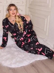 SweetSlumber 大码可爱爱心印花睡衣连体裤，秋冬季舒适保暖套装 - 彩色 - 查看 5